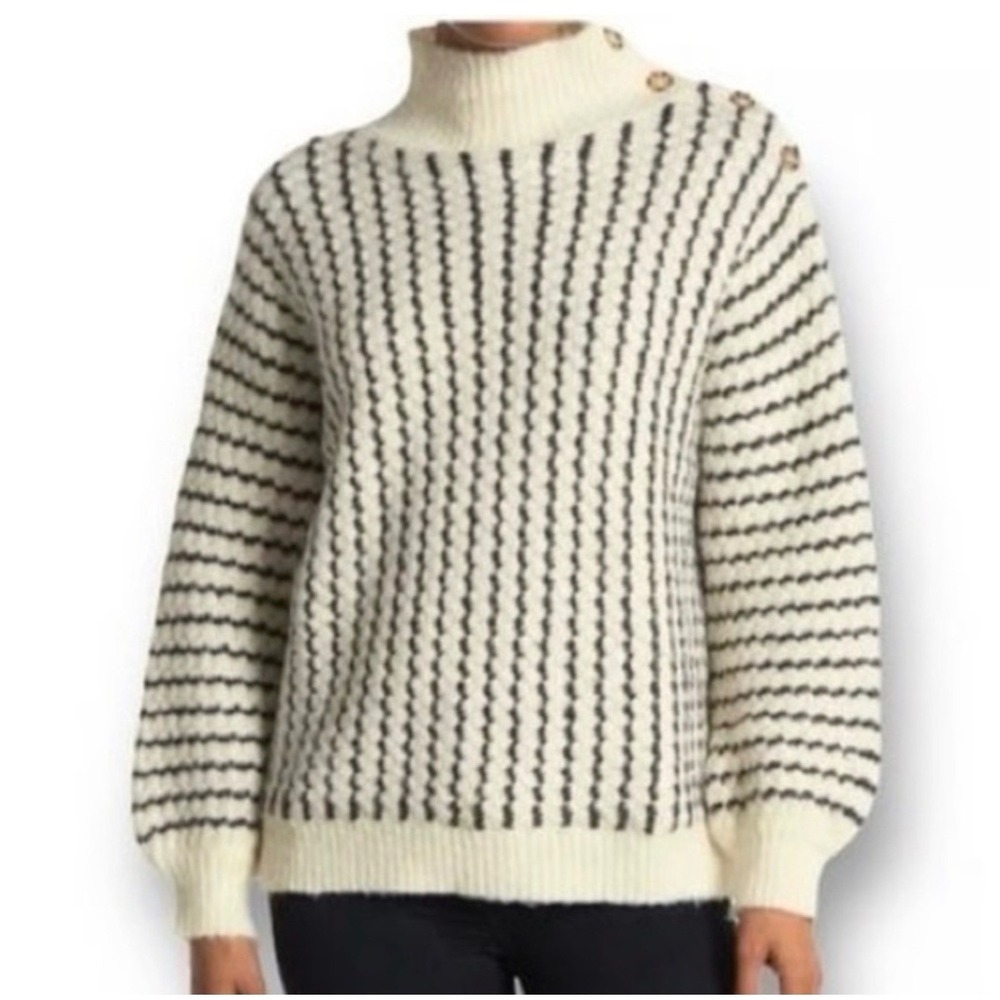FRNCH Paris Striped Mock Neck Sweater Ivory Button‎ Shoulder Size Medium Large